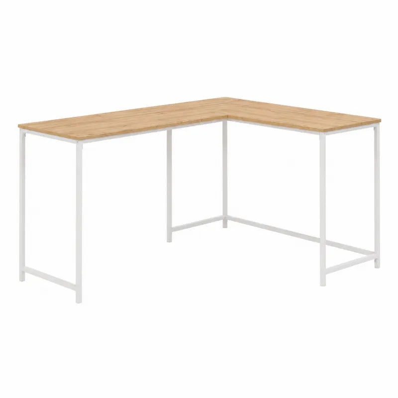 Biurko naro?ne L bia?y metalowy z blatem d?bowym 140x120x75